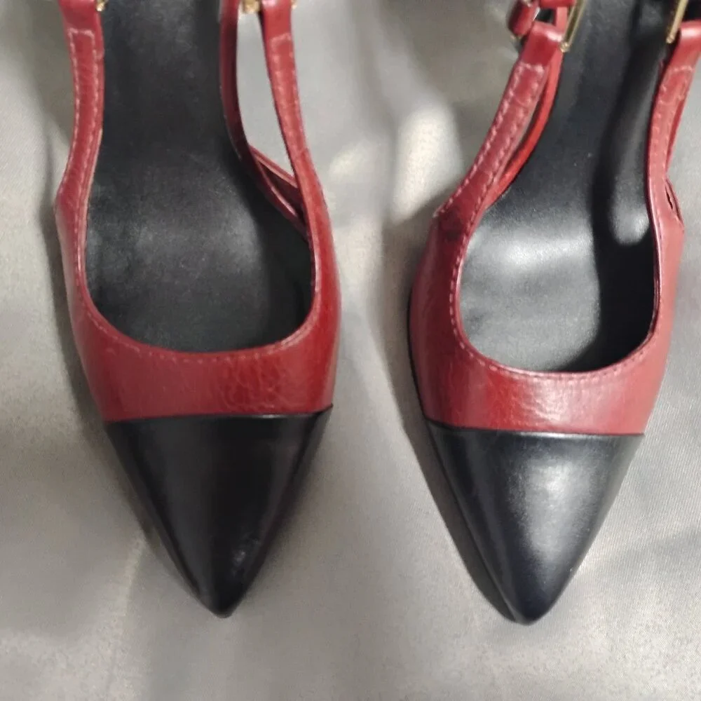 ❤️TORY BURCH Burgundy and Black All Leather Slingback Heel Shoes 7 Brazil - Picture 3 of 7